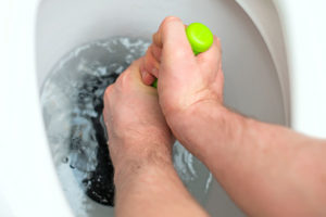 A Decatur, IL homeowner using a residential plunger to unclog their toilet’s drain.