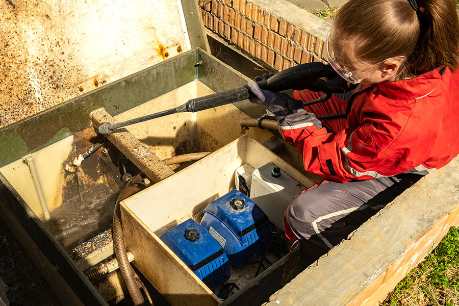 A professional technician inspects a septic system at a Lincoln, IL residence to ensure it is functioning properly.