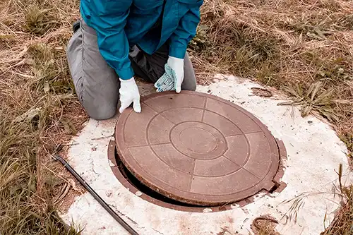 Sewer & Septic Specialists—A male plumber opens and performs regular inspections for septic tanks in Decatur, IL.