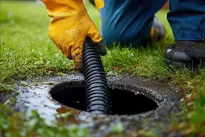 A close-up of a Septic Specialists professional's hand, wearing yellow gloves, performing a septic maintenance service in Decatur, IL.