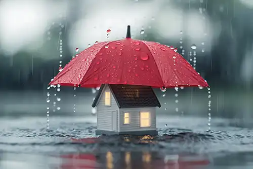 Sewer & Septic Specialist—A small house protected by a red umbrella during a summer rainstorm in Decatur, IL.