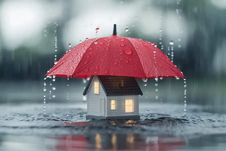 Sewer & Septic Specialist—A small house protected by a red umbrella during a summer rainstorm in Decatur, IL.