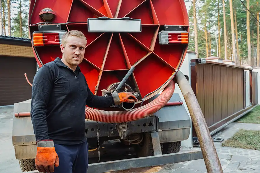 Sewer & Septic Specialist—A septic specialist standing by a sewer pumping machine outside a home in Decatur, IL.