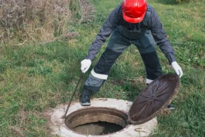 Sewer & Septic Specialist—A professional worker opens a septic well manhole cover to perform maintenance and protect the septic system from ground shifts in Decatur, IL.