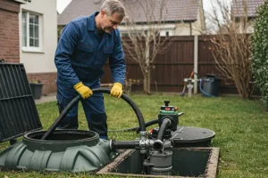 Sewer & Septic Specialist—A professional sewer worker inspecting an aerobic septic tank system in Decatur, IL.