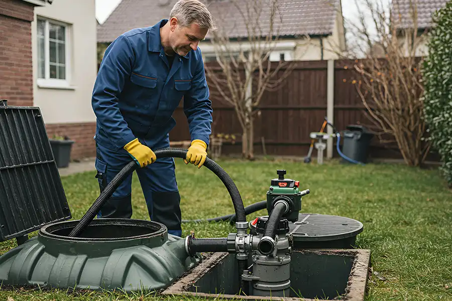 Sewer & Septic Specialist—A professional sewer worker inspecting an aerobic septic tank system in Decatur, IL.