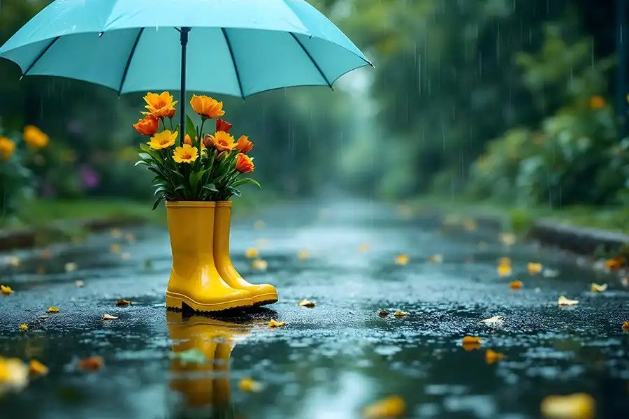 Sewer & Septic Specialist—A pair of yellow rain boots with flowers and an umbrella during a rainy April day in Decatur, IL.