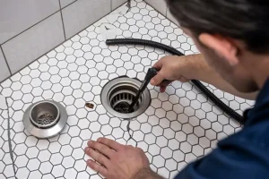A Sewer & Septic Specialists technician using a hydro jetting tool to clear a clog in a shower drain.