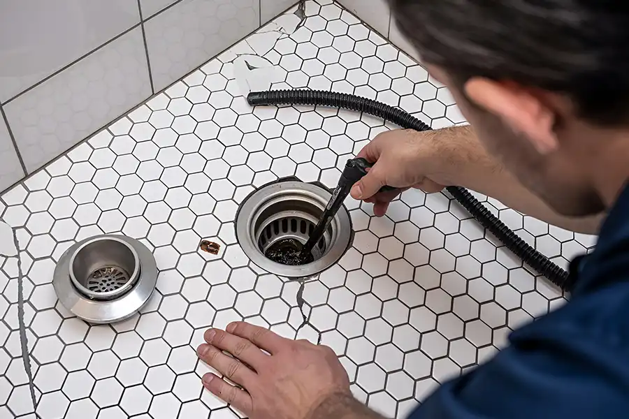 A Sewer & Septic Specialists technician using a hydro jetting tool to clear a clog in a shower drain.