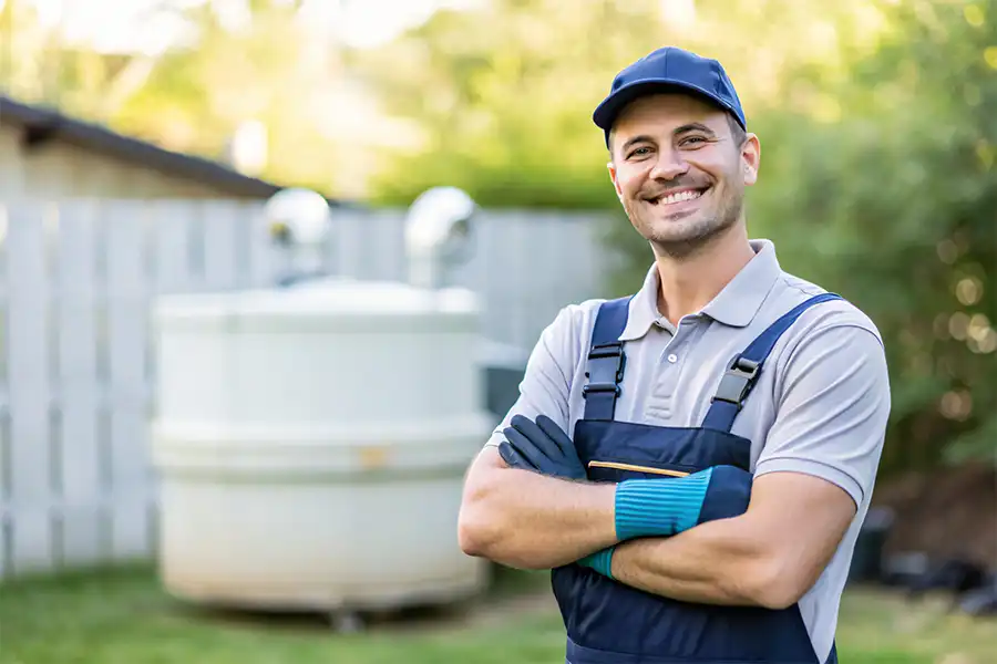 Sewer & Septic Specialist Inc. - A septic specialist standing by a septic tank in a yard in Decatur, IL.