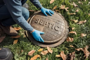 Sewer & Septic Specialists—A septic specialist opening a septic tank cover for inspection and maintenance during the fall season in Decatur, IL.